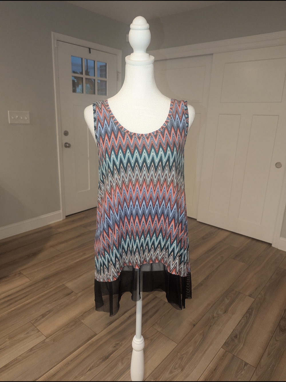 Jennifer Lopez Multicolor Chevron Tank with Black Sheer Hem